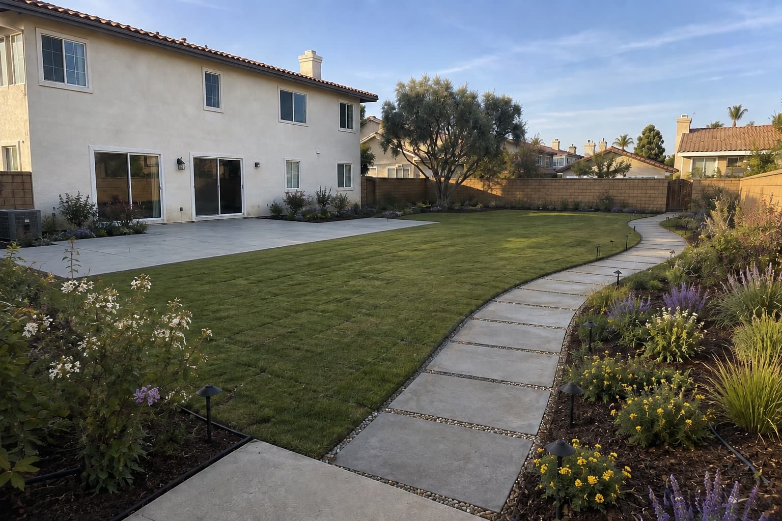Large finished backyard with an expansive lawn, ground-level concrete pad set into the grass, curving paver walk, lighting, and flowering beds