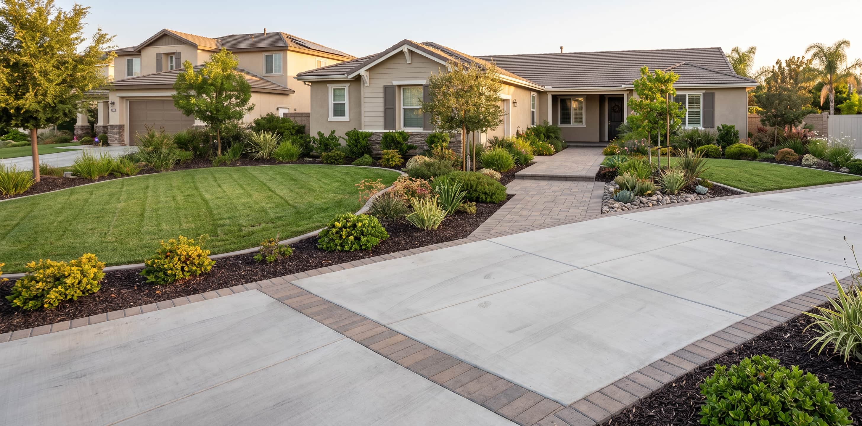 Finished front yard at golden hour with a green lawn, layered planting beds, a paver walkway, and a new concrete driveway